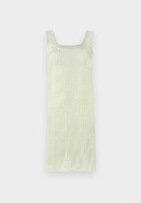 Vestido sem mangas verde-claro com decote quadrado. Padrão de gatinhas por toda a parte. Silhueta reta, com a barra caindo acima do joelho.