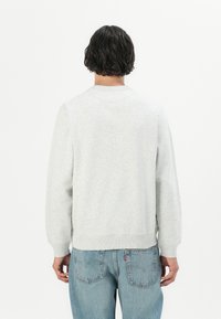 Lichtgrijze sweatshirt van zachte stof, met een ronde hals, ribgebreide manchetten en zoom. Draagt bij blauwe denim jeans. Achteraanzicht.