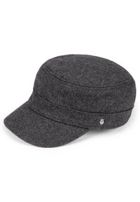 Gray wool cap with a rounded crown, flat visor, and two horizontal bands along the front, featuring a small silver logo accent.