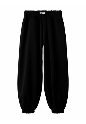 Pantalon jogger noir avec ceinture élastique et chevilles, poches latérales, coupe décontractée en tissu doux.
