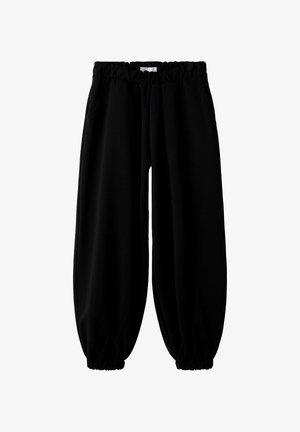 Sort elastisk linning og joggingbukser til anklerne med sidelommer, afslappet pasform lavet af blødt stof.