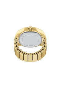 Montre en acier inoxydable doré avec un bracelet en maillons rectangulaires polis et un boîtier octagonal. Le dos présente une surface lisse avec le logo de la marque gravé.