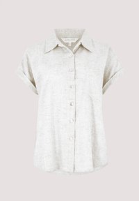Light beige linen button-up shirt with short cuffed sleeves, a chest pocket, and a slightly curved hem, featuring a textured fabric.