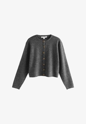 Gray, cropped cardigan made of soft fabric, featuring a round neckline and eight wooden buttons down the front. Long sleeves.