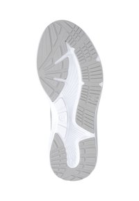 Semelle de chaussure en caoutchouc gris texturé, avec une bande de roulement à motif et une semelle intermédiaire blanche. Comprend la taille « 41 » et un logo.