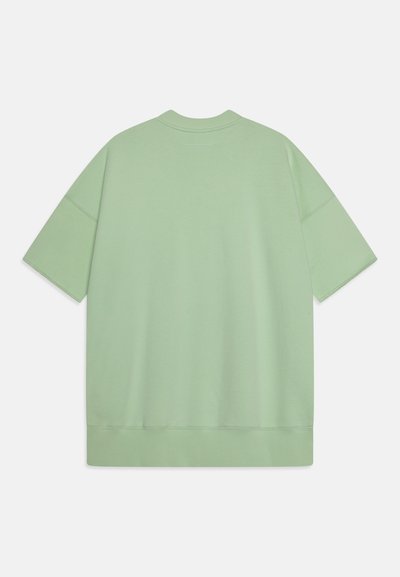 Mintgröna oversized t-shirt i bomull, korta ärmar, rund hals, med ribbad nederkant och sömlös axeldesign. Slät textur, minimal detaljering.