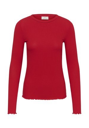 Sarkana ribota garām piedurknēm adīta blūze ar apaļu dekoltē un salātu malas apakšā un piedurkņu galos.