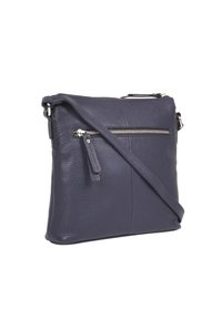 Dunkelblaues Leder-Crossbody-Bag mit strukturierter Form, ausgestattet mit einer vorderen Reißverschlusstasche, verstellbarem Trageriemen und strukturierter Oberfläche.