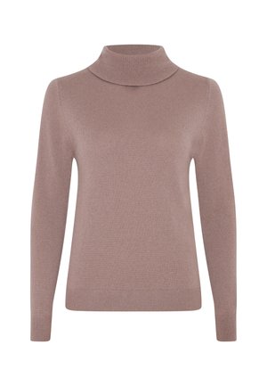 Suéter de punto en material suave y ligero. Presenta un cuello alto acanalado y mangas largas en un color malva suave.