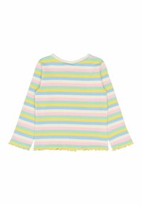 Tricou cu mâneci lungi, cu dungi orizontale multicolore în nuanțe de galben pastelat, verde, albastru și roz. Dispune de o margine și un decolteu zimțat.