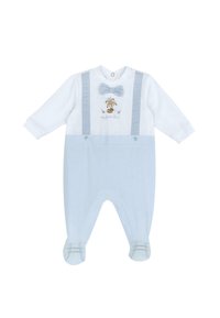 Rompers pour bébé blancs et bleu clair à manches longues, avec un nœud papillon, un design d'animal brodé et des bretelles à motif à carreaux.