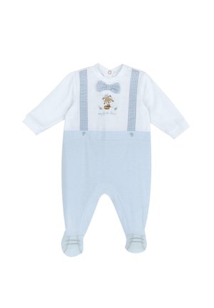 Rompers pour bébé blancs et bleu clair à manches longues, avec un nœud papillon, un design d'animal brodé et des bretelles à motif à carreaux.