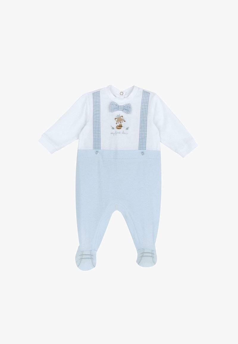 Rompers pour bébé blancs et bleu clair à manches longues, avec un nœud papillon, un design d'animal brodé et des bretelles à motif à carreaux.
