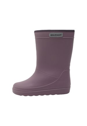 Paarse rubberen regenlaars tot halverwege de kuit met een gestructureerde zool en een klein rechthoekig label vlak bij de bovenkant met de tekst "EN+FANT".
