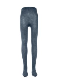 Grau gestrickte Strumpfhosen mit glatter Textur, ausgestattet mit einem breiten Taillenbund mit Branding und einem Fußdesign.