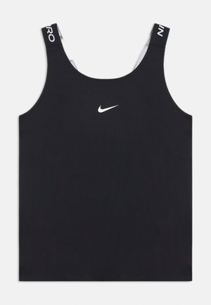 Black sleeveless Nike sports tank top with white swoosh logo centered on chest and branded straps.