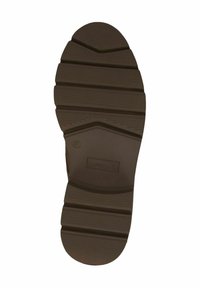 Suola in gomma marrone con scanalature orizzontali e verticali per una migliore aderenza. Presenta un tacco arrotondato e un logo del marchio impresso.
