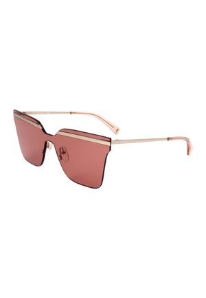 Occhiali da sole con grandi lenti piatte rosa, montatura in metallo dorato e sottili aste in oro rosa con punte rosa curve.