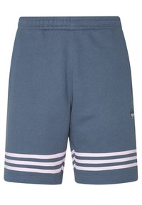 Modré bavlněné šortky s elastickým pasem, které mají růžové vodorovné pruhy u spodního okraje a malé logo na boku.