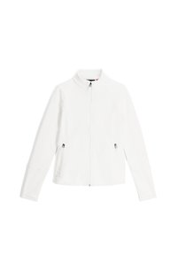 Veste blanche zippée avec un col haut, en tissu texturé, poches latérales zippées et manches ajustées. Design simple et épuré.