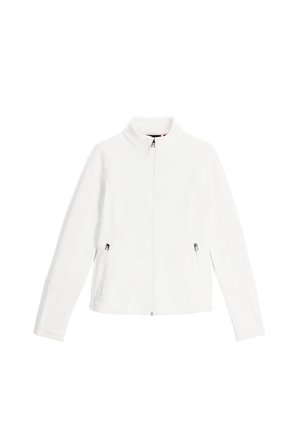 Veste blanche zippée avec un col haut, en tissu texturé, poches latérales zippées et manches ajustées. Design simple et épuré.