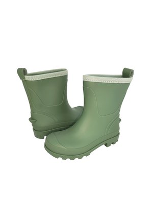 Grüne Gummiregenstiefel mit strukturiertem Sohlen, kontrastierendem hellgrünem Rand oben und Zuglaschen für ein einfaches Anziehen.