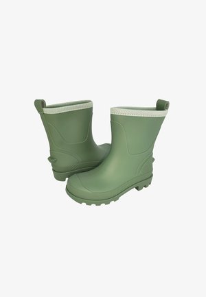 Groene rubberen regenlaarzen met een gestructureerde zool, contrasterende lichtgroene bies aan de bovenkant en trekhaakjes voor gemakkelijke instap.