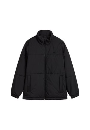 Veste matelassée noire avec fermeture éclair devant, deux poches latérales, poignets élastiques et petit logo Vans sur la poitrine.