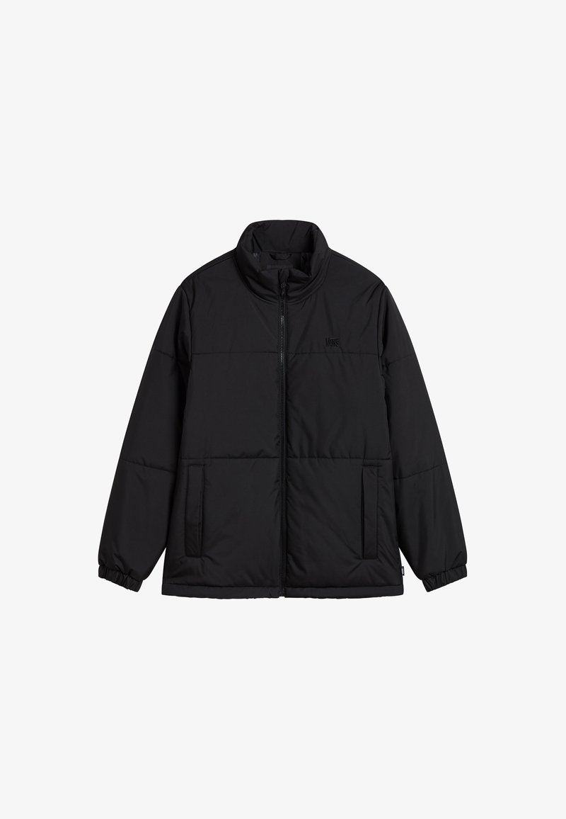 Veste matelassée noire avec fermeture éclair devant, deux poches latérales, poignets élastiques et petit logo Vans sur la poitrine.