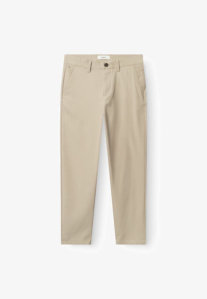 Beige recht gesneden broek met riemlussen, steekzakken aan de zijkant, een knoopsluiting en een rits aan de voorkant, plat weergegeven op een witte achtergrond.