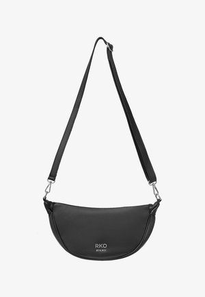 Black leather shoulder bag with a curved shape, featuring a silver logo and adjustable strap, smooth texture and simple design.
