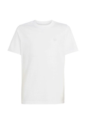 T-shirt blanc uni à manches courtes et col rond avec un petit logo discret sur le côté gauche de la poitrine.