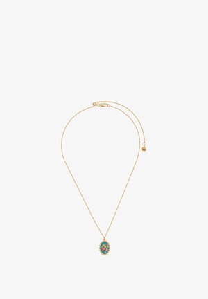 Goldene Kettenhalskette mit einem ovalen Anhänger, der einen türkisfarbenen Hintergrund und ein florales Design aufweist. Die Kette hat einen Verschluss und eine dekorative Perle.