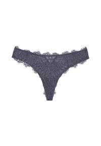 Lace thong in dark gray with intricate floral patterns, scalloped edges, and soft texture. Lightweight fabric designed for comfort.