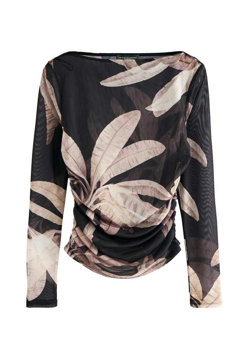 Zwarte mesh top met lange mouwen en geplooide details; heeft beige bladmotieven en een brede halslijn voor een relaxte pasvorm.