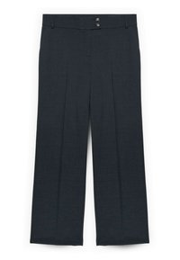 Pantalones de pierna ancha en gris oscuro con una tela texturizada, que presentan dos pliegues frontales y un cierre de doble botón en la cinturilla.