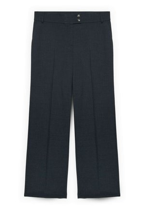 Pantalones de pierna ancha en gris oscuro con una tela texturizada, que presentan dos pliegues frontales y un cierre de doble botón en la cinturilla.