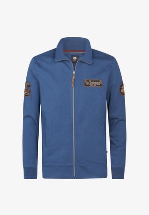 Felpa blu con zip realizzata in tessuto morbido, con colletto e polsini a costine, due tasche laterali e toppe decorative sulle maniche.
