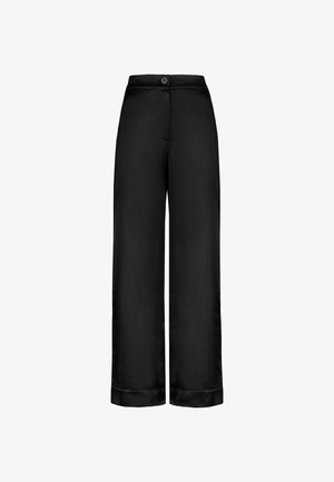 Schwarze weite Hosen mit hoher Taille, Knopfverschluss und glatter Stoffoberfläche.