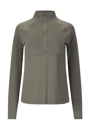 Oliivinvihreä pitkähihainen paita, jossa on korkea kaulus ja etuvetoketju, joka ulottuu puoliväliin rintaa, suunniteltu aktiiviseen käyttöön.