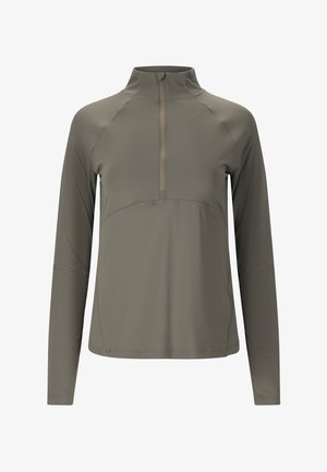 Oliivinvihreä pitkähihainen paita, jossa on korkea kaulus ja etuvetoketju, joka ulottuu puoliväliin rintaa, suunniteltu aktiiviseen käyttöön.