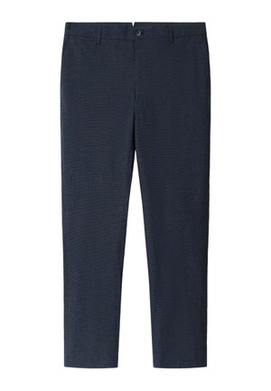Navyblaue Hose aus strukturiertem Stoff mit geradem Schnitt, Gürtelschlaufen und Knopfverschluss an der Taille.