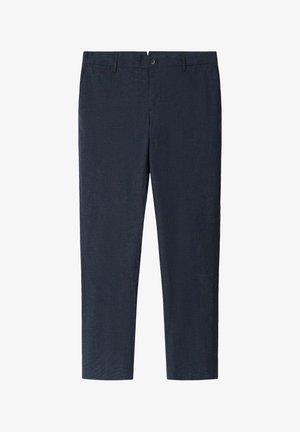 Pantalones azul marino de tejido texturizado, con un diseño de pierna recta, bucles para cinturón y cierre de botón en la cintura.