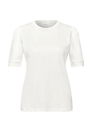 Weißes Kurzarmhemd mit rundem Ausschnitt und leichter Puffärmel-Detail an den Schultern, schlichtes Design, vor weißem Hintergrund präsentiert.