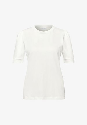 Weißes Kurzarmhemd mit rundem Ausschnitt und leichter Puffärmel-Detail an den Schultern, schlichtes Design, vor weißem Hintergrund präsentiert.