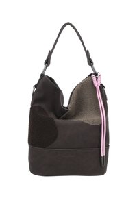 Sac à épaule texturé brun foncé et gris avec une seule bandoulière et deux cordons de serrage roses attachés d'un côté.