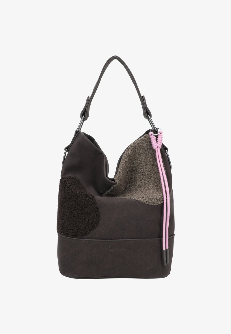 Sac à épaule texturé brun foncé et gris avec une seule bandoulière et deux cordons de serrage roses attachés d'un côté.