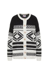 Strickcardigan mit einem schwarz-weißen geometrischen Muster, Rundhalsausschnitt und sechs Holzknöpfen auf der Vorderseite.