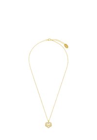 Collana in oro con un pendente a forma di cuore caratterizzato da intricati disegni intagliati. Pendente decorato con piccoli dettagli scintillanti.