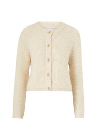 Gilet raccourci de couleur crème, fabriqué en tissu texturé, avec un col rond et cinq boutons dorés sur le devant.